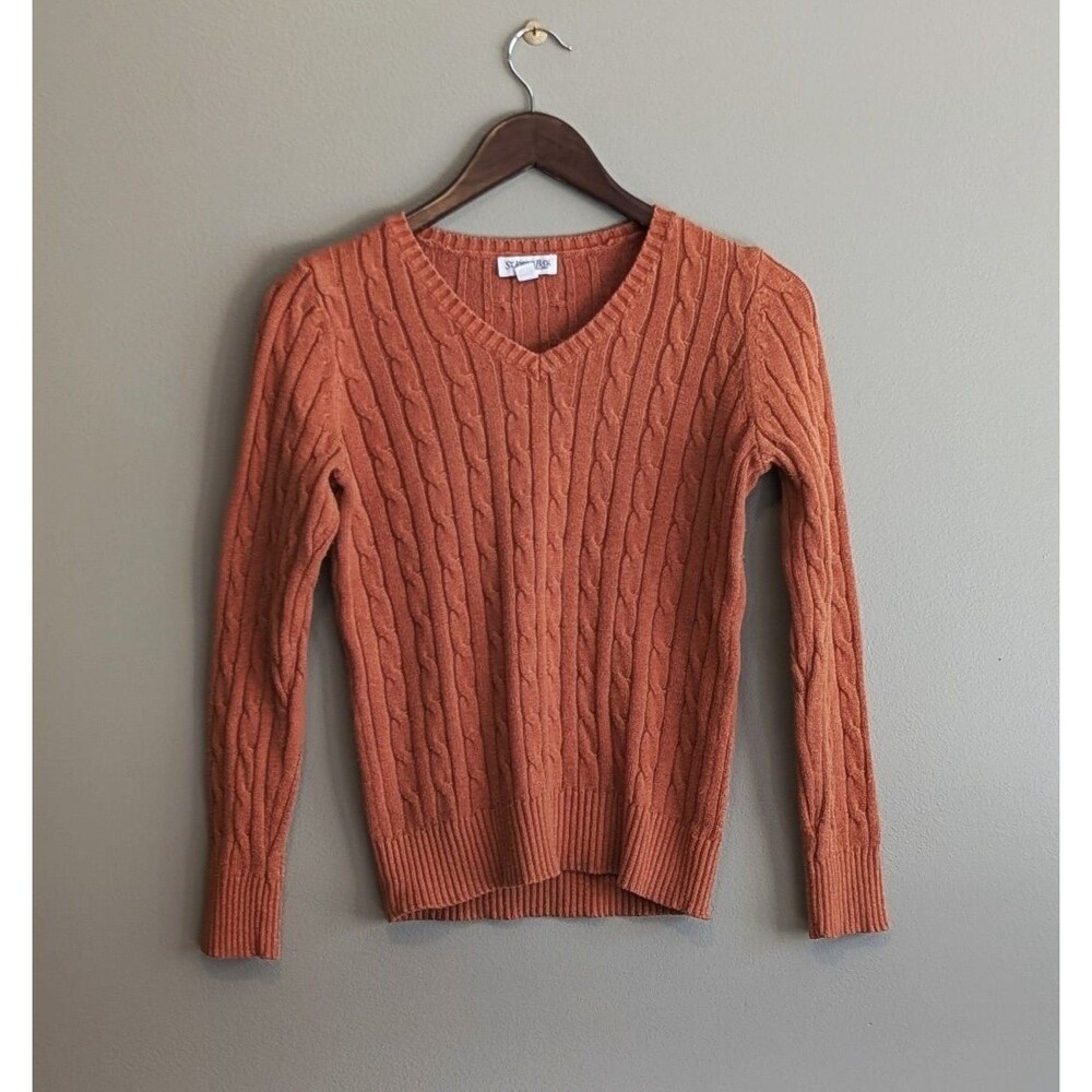 St. John’s Bay Women’s Petite Small Orange Cable Knit V-Neck Sweater PS Jumper